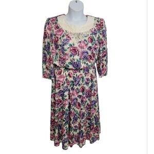 VINTAGE 90s two piece skirt set purple pink‎ floral lace collar XL